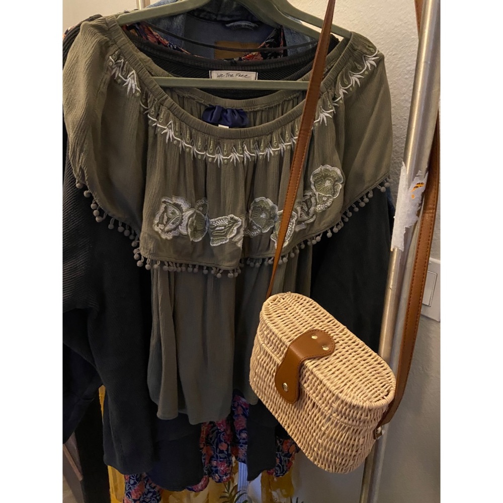 Olive green off the shoulder embroidered top.